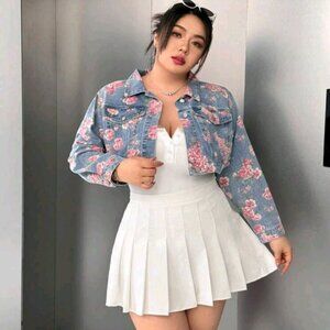 🌸 Plus Size 12 1XL Floral Denim Jacket Pink Rose Print Light Wash Cotton...